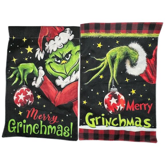 Set Of 2 Merry Grinchmas Garden Flags Double-Sided Christmas Decoration READ - Picture 1 of 6